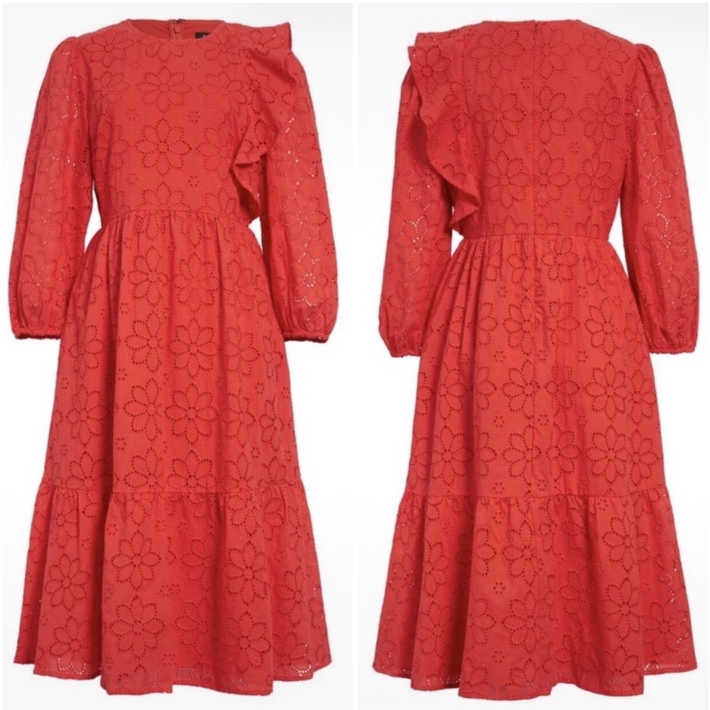 🎻Halogen Red poinsettia ruffle detail Eyelet Long Sleeve Dress size Xl EUC..